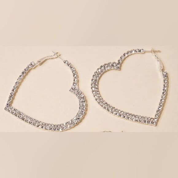 Clear Sparkle Rhinestone Heart Hoop Earrings - Picture 2 of 4
